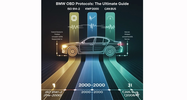 Infographic: BMW OBD protocols guide covering ISO 9141-2, KWP2000, and CAN Bus