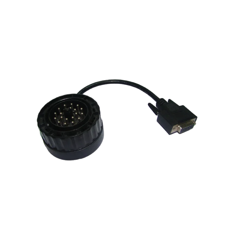 Close-up of BMW 20-pin male connector on HDB26 diagnostic adapter cable for legacy BMW models