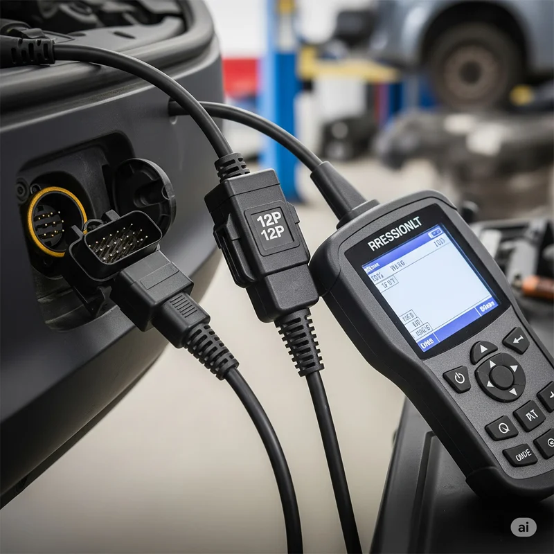 Renault 12P to OBD2 diagnostic cable connected to a car's ECU port and a professional diagnostic scanner.