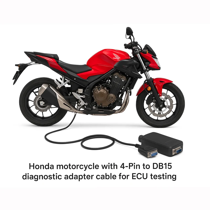 Honda motorcycle with 4-Pin to DB15 diagnostic adapter cable connected for ECU testing and fault code reading