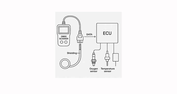 Diagram showing an OBD2 cable with shielding connecting a scanner to a vehicle's ECU