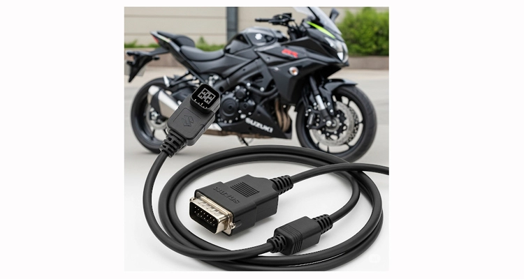 Suzuki motorcycle diagnostic cable detail showing 4-pin and DB15 connectors attached to a black motorcycle