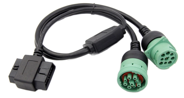 OBD2 and J1939 automotive diagnostic cables for vehicle performance monitoring, ECU diagnostics, and maintenance in light-duty and heavy-duty vehicles
