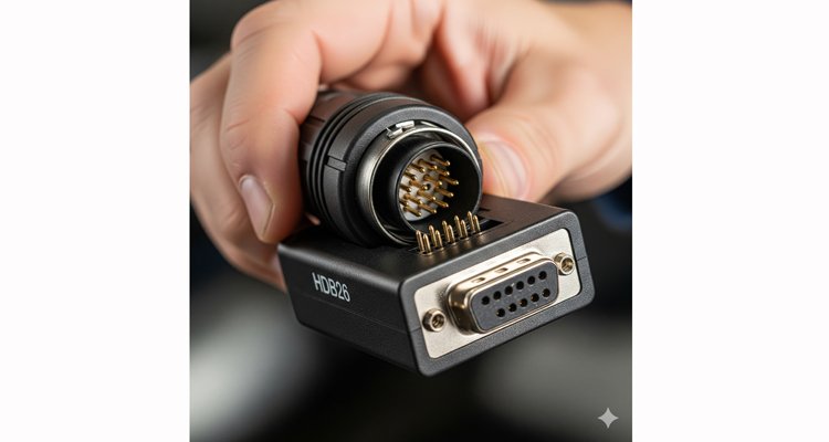 Hand connecting BMW 38-Pin diagnostic cable to an HDB26 adapter for ECU coding