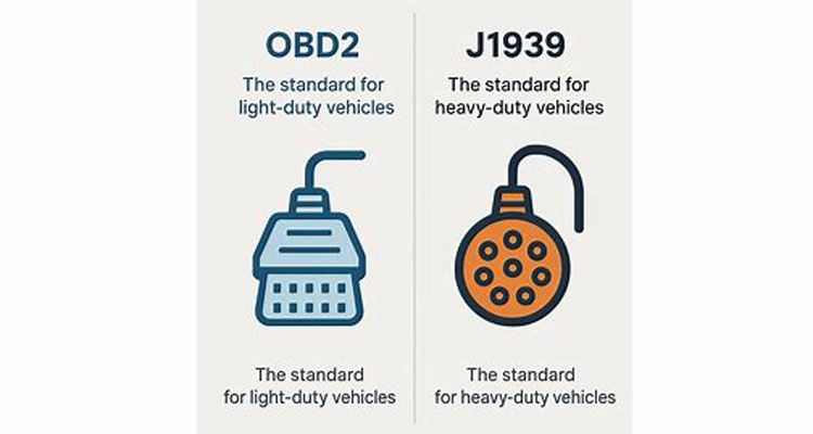 Infographic comparing OBD2 and J1939 diagnostic cables, showing 16-pin (trapezoidal) OBD2 for light-duty vehicles and 9-pin (circular) J1939 for heavy-duty vehicles.