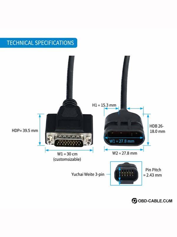 Technical Dimensions of Yuchai Weite 3Pin to HDB 26Pin Diagnostic Cable