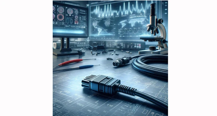 Technical analysis highlighting the critical 3cm failure zone in an OBD2 diagnostic cable assembly, with lab tools and engineering drawings.