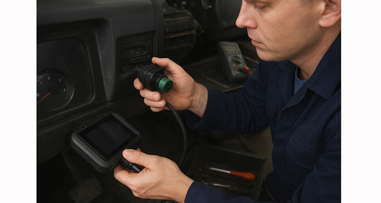 A technician testing the voltage at the J1939 9-pin diagnostic port on a Freightliner Cascadia using a digital multimeter.