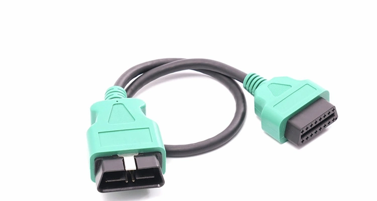 Fully certified, mass-produced custom green OBD2 Y-splitter cable ready for shipping.