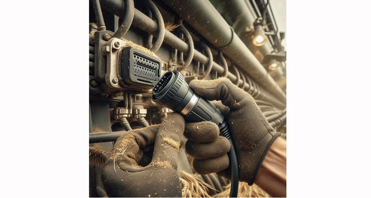 Overmolded J1939 connector with IP69K rating being installed on agricultural equipment in field conditions