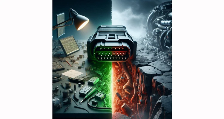 Forensic engineering illustration: OBD-II cable connector bridging a gap between a clean laboratory test bench and a harsh, vibrating engine bay, symbolizing the transition from passing tests to field failure.