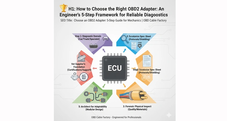 Diagnostic system connection diagram showing how an OBD2 adapter matches Passenger Vehicle Protocols, J1939 Heavy Duty, and Legacy Systems for reliable ECU diagnostics.