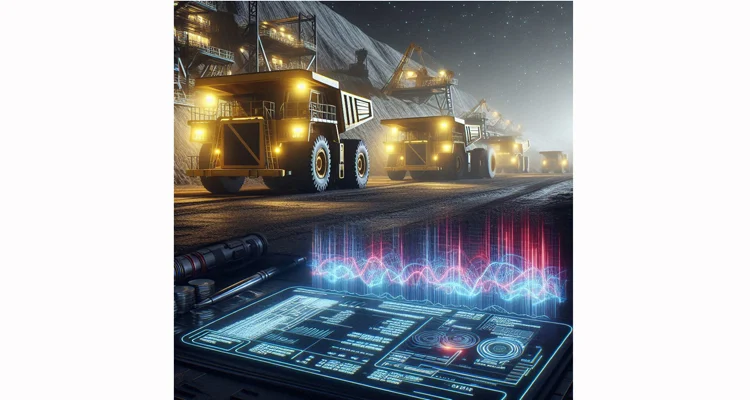 Visual metaphor: EMI interference as ghost signals over a mining truck at night, representing J1939 cable failure cost