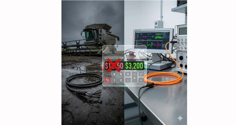 Cost of a cheap $12.50 J1939 cable failure vs Carsun engineered reliability solution TCO comparison on harvester