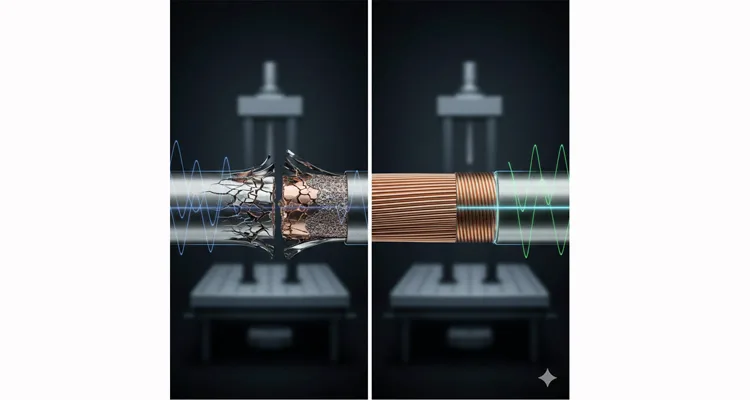 Microscopic cross-section comparison: Failed soldered joint vs. perfectly cold-welded crimp under vibration stress.
