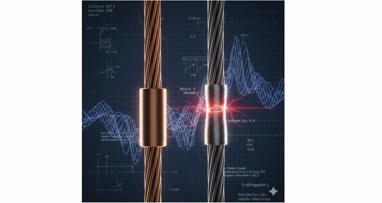 Microscopic diagram comparing a reliable crimp termination versus a fatigued solder joint under vibration stress
