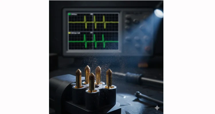 Diagnosing intermittent CAN bus ghost signals: forensic close-up of fretting corrosion on connector versus clean J1939 waveform.