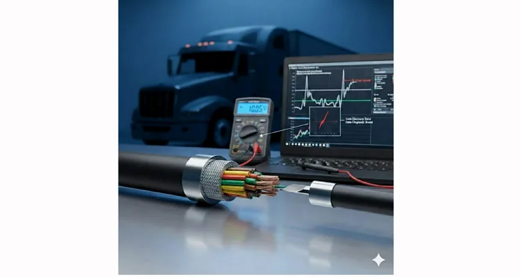 Forensic lab analysis of a dissected J1939 cable showing braided shielding and wire integrity for ELD compliance.