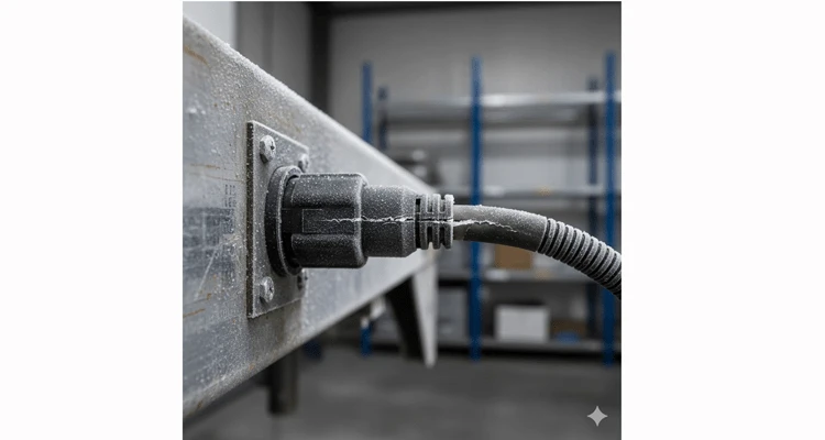Forensic evidence: Close-up of frost lines and micro-cracks on a frozen 9-pin J1939 connector from a refrigerated transport trailer harness.