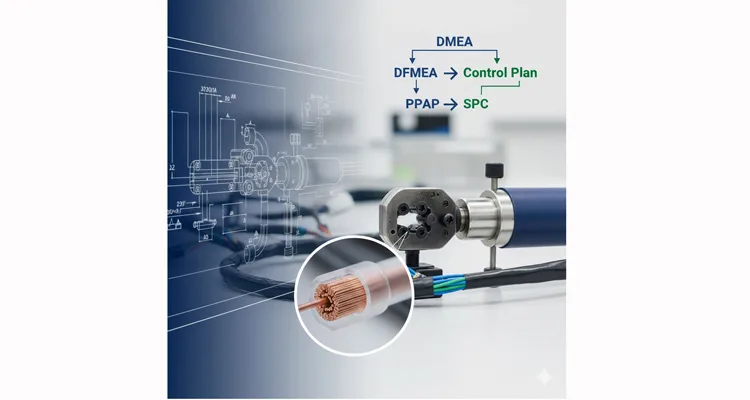 Infographic diagram illustrating the IATF 16949 PPAP process for achieving zero-defect custom cable assemblies.