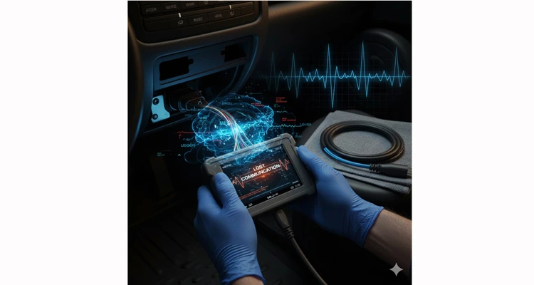 Professional mechanic diagnosing intermittent OBD-II communication loss. Scan tool shows "LOST COMMUNICATION" error under dashboard, with visual metaphor for data corruption.
