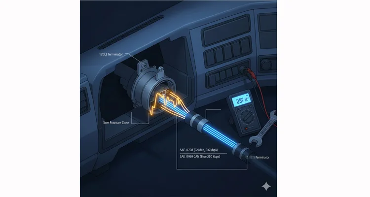 Technical diagram comparing SAE J1708 and J1939 CAN data streams, highlighting the 3cm fracture zone failure point in a 9-pin diagnostic connector.