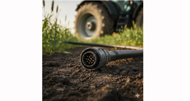 Mud-splattered 9-pin J1939 connector in a field, demonstrating the need for durable agricultural machinery wiring