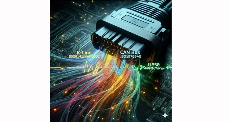 Visual diagram comparing analog K-Line (KWP2000/ISO9141) and digital CAN Bus diagnostic data streams from an OBD2 connector.