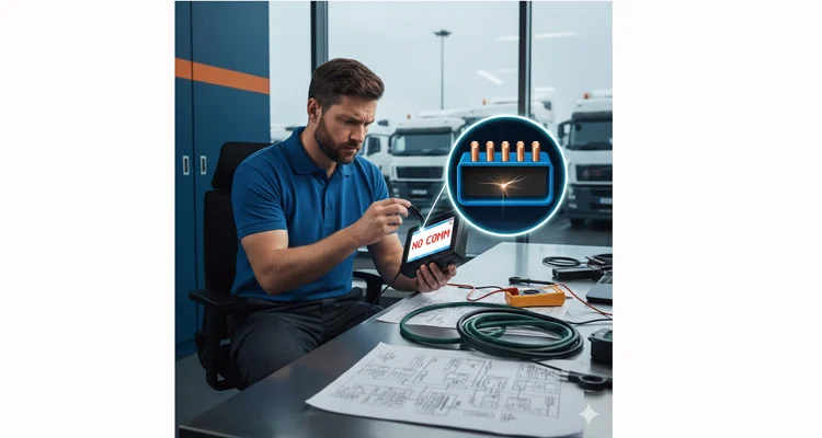 Fleet manager diagnosing OBD2 port no communication error with forensic hardware analysis protocol