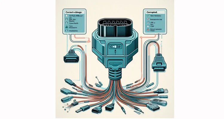 Diagram diagnosing OBD2 splitter cable problems: signal integrity vs. data corruption