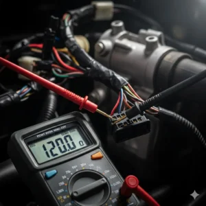 Digital multimeter reading 120Ω at vehicle OBD-II port diagnosing a missing CAN bus termination resistor
