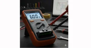 Digital multimeter measuring 60 ohms resistance across CAN_H and CAN_L pins of an OBD-II diagnostic port for CAN bus health check.