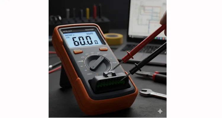 Digital multimeter measuring 60 ohms resistance across CAN_H and CAN_L pins of an OBD-II diagnostic port for CAN bus health check.