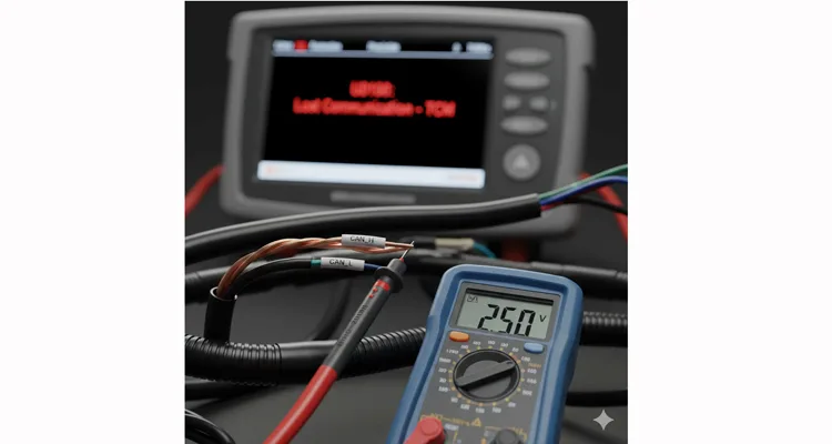 A digital multimeter measuring voltage on a CAN bus twisted wire pair (CAN_H, CAN_L) for fault diagnosis.