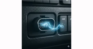 Macro photo of a truck OBD2 port with ghostly electrical arc, symbolizing CAN bus overload from faulty ELD installation.