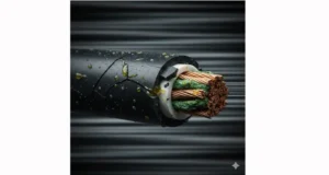 Macro photo of a cable destroyed by combined vibration and chemical corrosion: cracked jacket, green corroded copper.