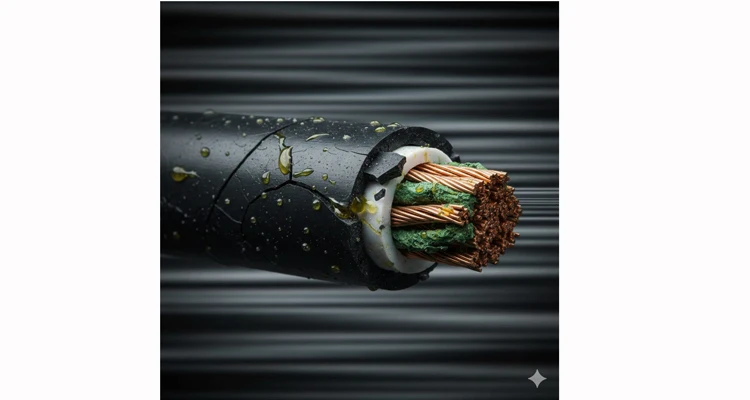 Macro photo of a cable destroyed by combined vibration and chemical corrosion: cracked jacket, green corroded copper.