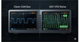 Oscilloscope trace showing 60V peak-to-peak VFD noise on CAN bus lines compared to clean 2.5V signal.