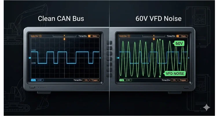 Oscilloscope trace showing 60V peak-to-peak VFD noise on CAN bus lines compared to clean 2.5V signal.