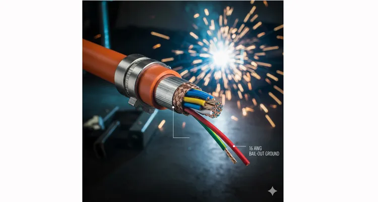 Cutaway diagram of a heavily shielded industrial OBD2/J1939 diagnostic cable showing braid and foil layers to protect against welding EMI.