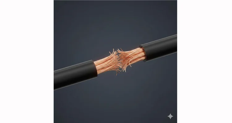 Diagram illustrating an internal conductor break within an intact OBD2 cable harness, showing the 3-centimeter fracture zone.