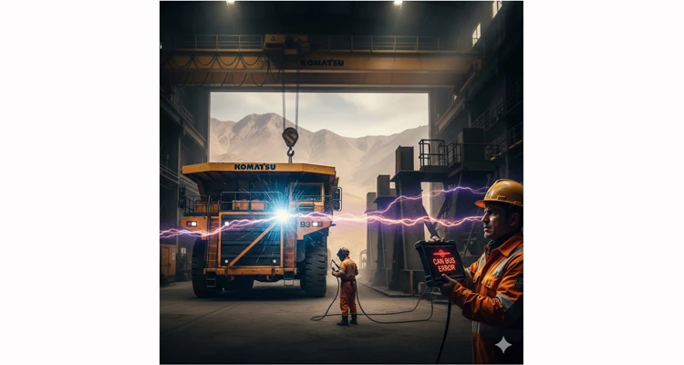 Copper mine case study showing Komatsu haul truck with CAN bus errors caused by welding interference, solved with shielded J1939 cables