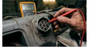 A mechanic holds a multimeter probe to the 6-pin Deutsch diagnostic connector of a 1999 Freightliner, troubleshooting a J1708 no-communication fault on the data bus.