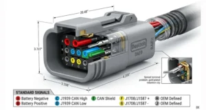 9-pin Deutsch connector pinout diagram showing J1939 CAN High/Low and J1708 pins for diagnostic tool communication