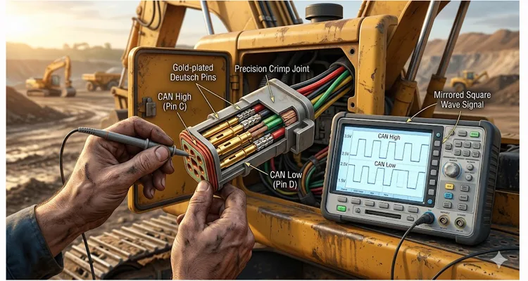 9-pin diagnostic connector testing with oscilloscope showing CAN bus square wave signal on excavator