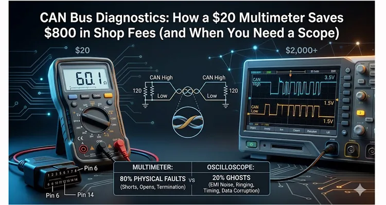 CAN bus diagnostics multimeter and oscilloscope comparison guide showing physical layer testing tools