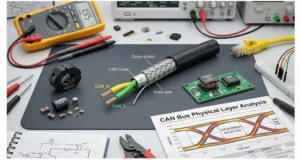 Engineering workbench setup showing shielded twisted-pair cable, ferrite cores, common-mode choke, and multimeter for CAN bus EMI troubleshooting.