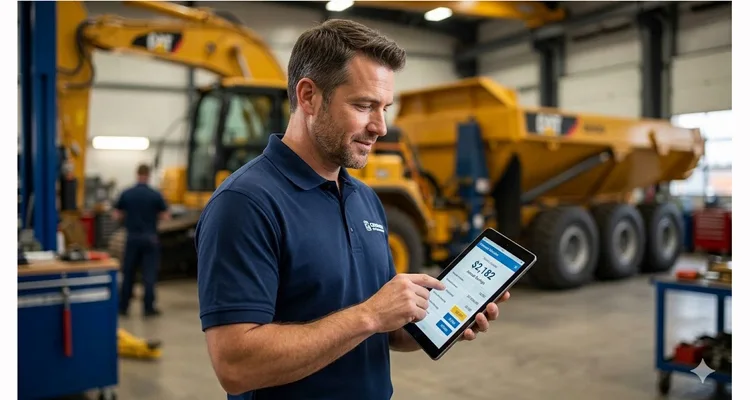 Fleet manager reviewing diagnostic downtime cost calculator template on tablet with excavator in background