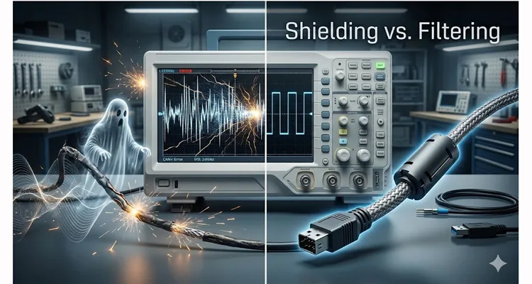 Split comparison of ferrite core vs common-mode choke for CAN bus shielding and filtering