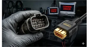 Damaged 14-pin Deutsch connector from a $12 cable causing Freightliner RP1226 port failure, next to a new OEM-grade $15 diagnostic cable with gold-plated pins on a dark background.